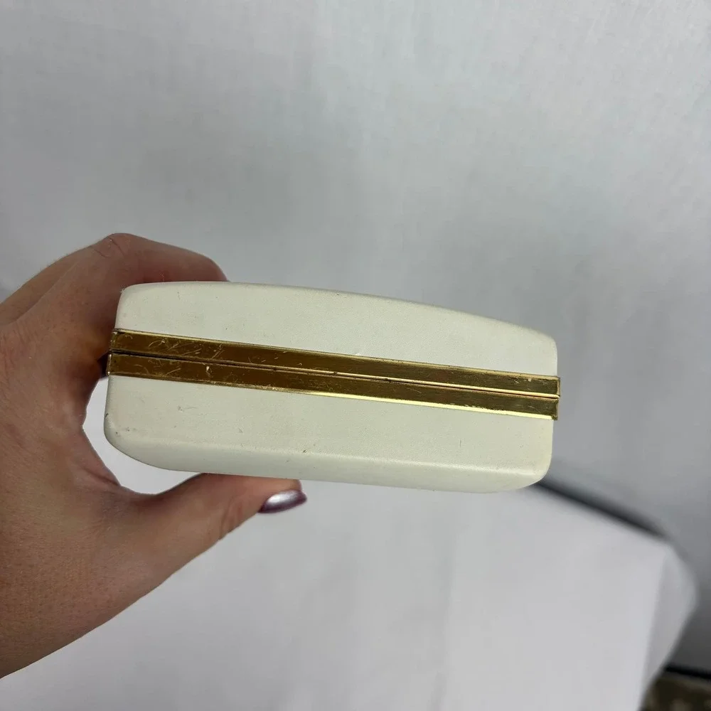 Vintage Mid Century Jewelry Box Cream Gold Carriage Satin Lining 15 Compartments